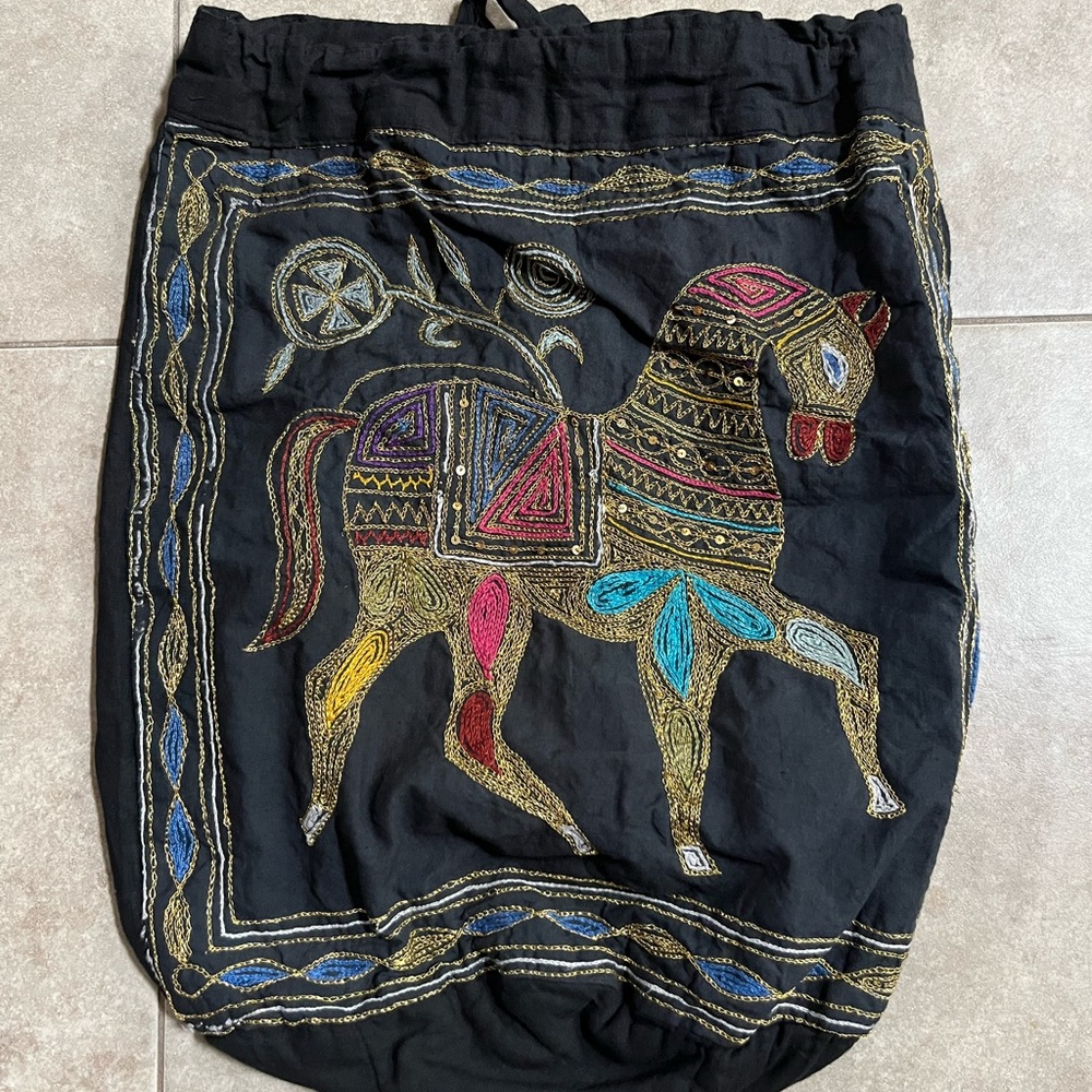 Boho backpack with embellished embroidered horse